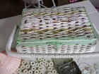 Vtg  Woven Wicker Style Sewing Basket W  Lots Of Notions  Thread Caddy  Buttons