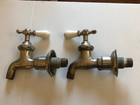 Antique Pair Brass Nickel Hot Cold Wall Mount Water Faucets Porcelain Handles