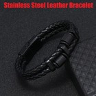 Men s Stainless Steel Leather Braided Bracelet Magnetic Clasp Bangle Wristband