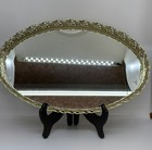 Vtg Ornate Gold Mirrored Dresser Tray Oval Vanity Accent Gold Filigree