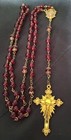 Vintage Rosary Beads Burgundy gold Tone Color Jesus Cross 20 Inches Crucifix