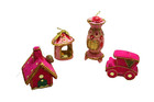 Vtg Christmas Ornaments Mcm Pink Flocked Cardboard Gold Trim Kitsch
