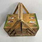 Vtg Mexican Accordion Wood Fold Out Sewing Box Basket Hand Painted Trinkets Folk