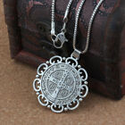 Silver Saint St Benedict Protection Medal Ornate Pendant Necklace 24  Box Chain