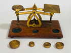 Vintage Brass Apothecary Postal Balance Scale Wood Base W 4 Weights England