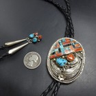 Vintage Bolo Tie Sterling Silver Turquoise And Coral Black Leather Cord 925 Tips