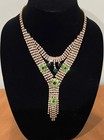 Vintage Czech Glass Necklace Green Rhinestones Statement Estate Art Deco Flowers