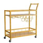 Gold Serving Bar Cart On Wheels W  Shelves Wine Rack Glass Holder Kitchen Dining