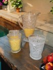 Antique Set Pressed Glass Wine Water Pitcher With 3 Matching Glasses 8oz Vintage