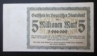 Large 1923 Germany 5 Million Mark Notgeld Bayerische Staatsbank  Au unc Note