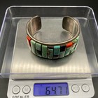 Vintage Native American Turquoise Coral Stampwork Silver Bracelet Cuff 6-7 8 
