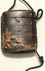 Edo Period 5 Case Wood Gilded  Inro With Ojime Bead And Netsuke  Signed
