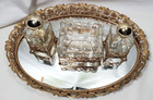 Mirrored Filigree Metal Vanity Tray  Box An Glass Perfume Bottles