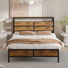 Full Queen King Size Metal Bed Frame With Wooden Headboard And Charging Station