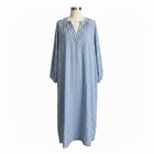 Striped Blue White Cotton Knit Long Sleeve Kaftan Robe V-neck For Women