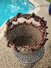 Big Vintage Cane Willow Wicker Wood Painted Red Beaded Market Gathering Basket 