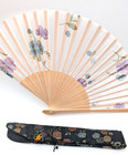 Vintage Japanese Hand Painted Floral Fabric   Bamboo Frame Folding Fan Silk Case