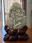 11 75  Chinese Jade Carving Dragon Sphere Phoenix Clouds On Wood Stand Vintage