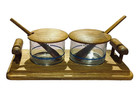 Vintage Teak Wood Condiment Set Bowls Lids Spoons Tray Mcm Goodwood Style