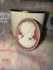Vintage Cameo Pill Box Ornate Gold Tone Floral Jewelry Trinket Travel Hinged