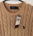 Polo Ralph Lauren Men   s Cable Knit Cotton Crewneck Sweater Brown Navy Pony S Nwt