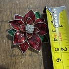 Vtg Red Green Enameled Poinsettia Flower Rhinestone Brooch Pin 2    In Euc