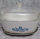 Vtg Large Corning Ware Casserole 4 Qt Blue Cornflower Domed Lid Metal Rack 70s