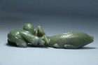 Chinese Antique Old Hetian Jade Hand-carved Boy And Fish Pen Holder Statues