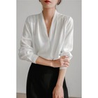 Women Casual Solid Blouse Polyester Pullover Autumn T-shirts Long Sleeve V-neck