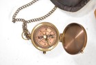 Antiquana Brass Compass Pendant Locket Necklace Chain Leather Case Gold