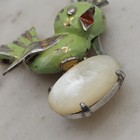 Vintage Figural Bird Mother Of Pearl Egg Brooch Pot Metal Rhinestone Riveted Pin