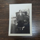 Vintage B w Photo Snapshot Of Older Woman Standing Behind Old Classic Car