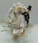 Vintage Handmade Wedding Corsage Spun Cotton Bride Groom Lace Pearls Gold Rings