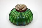 Vintage Loetx Style Art Nouveau Brass Lionhead Iridescent Green Glass Inkwell