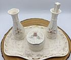 Vintage Nasco Japan Vanity Set Iridescent   Roses Gold Trim Holland Mold Tray