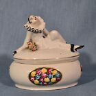 Antique Vtg Pierrot French Clown Porcelain Vanity Trinket Powder Box Floral Swag