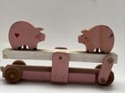 Vintage 10 Inch Primitive Wooden Piggy Pull Toy Animatronic Pink White Handmade
