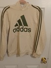 Adidas Beige Pullover Hoodie Green Logo 3-stripe Sleeves Pockets Size L