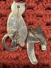 2-lot - 925 Sterling Silver Vintage Striped Cat Kitten Modernist Pin Brooch