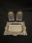 Vintage Mini Glass Salt   Pepper Shaker Set With Silver Plated Tray