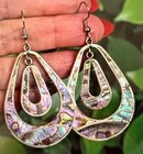 Vintage 1970s Mexico Abalone Earrings Dangle Silver Tone Metal Big Statement