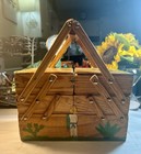 Vtg Mexican Accordion Wood Fold Out Sewing Box Basket Hand Painted Trinkets Folk