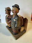 Vintage Anri Hand Carved Bar Set Corkscrew Bottle Opener Coaster - Two Men