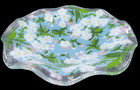 Lovely Fused Glass Bowl Ruffled Edge White Flowers   Green Leaves Signed 10 5 