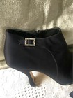 Vintage Black Satin Ankle Boots   Rhinestone Buckle  square Toe Flared Heel Boot