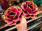 Two Large Metal Magenta Pink Rose Flowers W Lime Green Wrapped Wire Stems