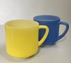 Vintage - Federal Milk Glass Coffee Cup Mug Blue Yellow Stackable Set Of 2