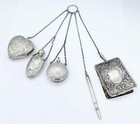 Antique Sterling Silver Chatelaine W Perfume Patch Box Notepad Pencil   Locket