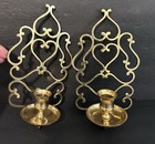 Vintage Set Of 2 Brass Ornate Hanging Wall Sconces Candle Stick Made In India