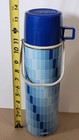 Vintage Thermos King Seeley Picnic Bottle W handle Blue Geometric Plaid Mcm Usa